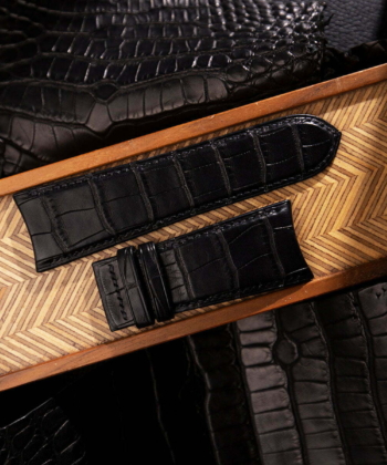 Curved End Black Alligator Folded Edge Lining Alligator Leather Watch Strap