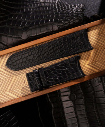 Curved End Black Alligator Folded Edge Lining Alligator Leather Watch Strap