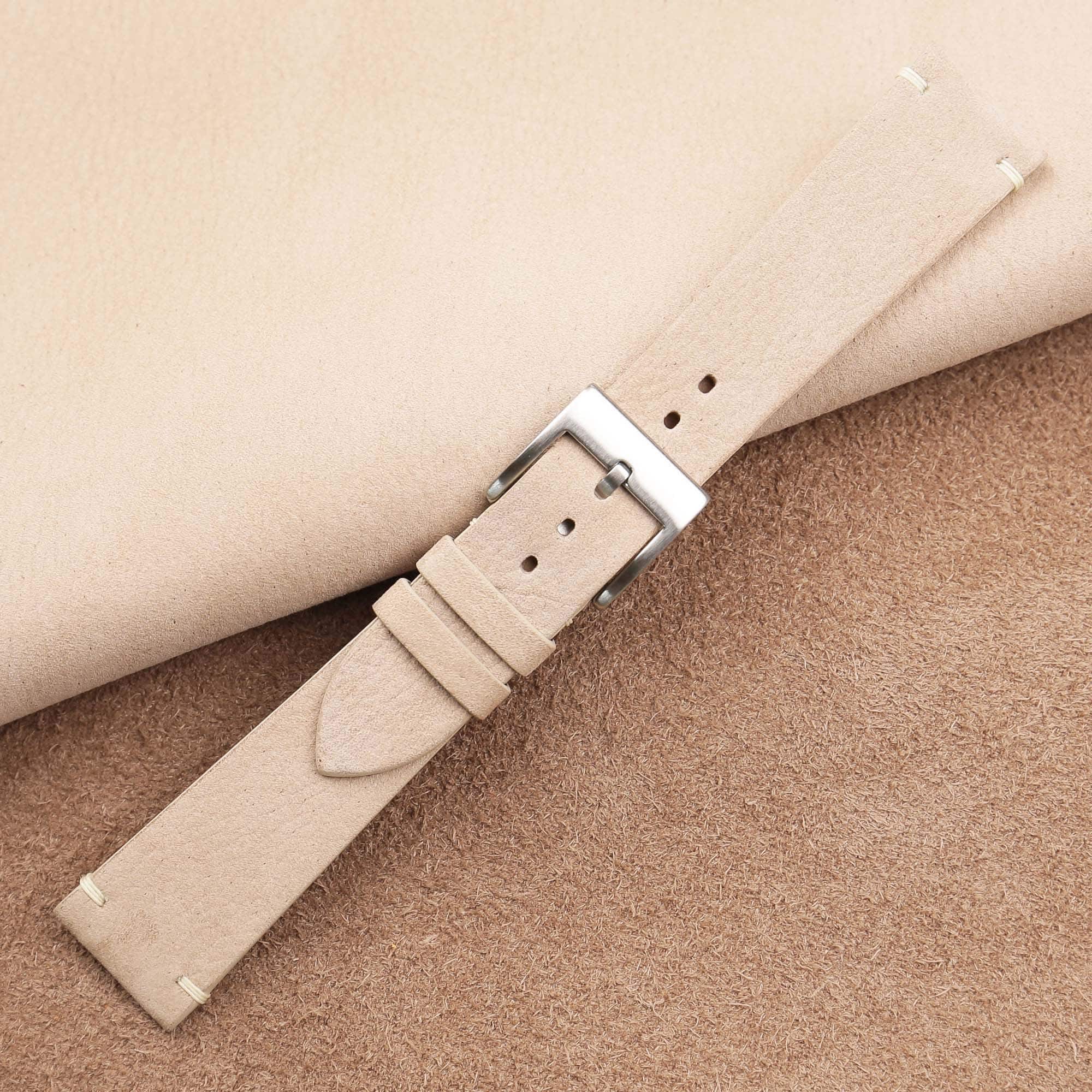 Vintage Light Cream Nubuck Leather Side-Stitch Watch Strap