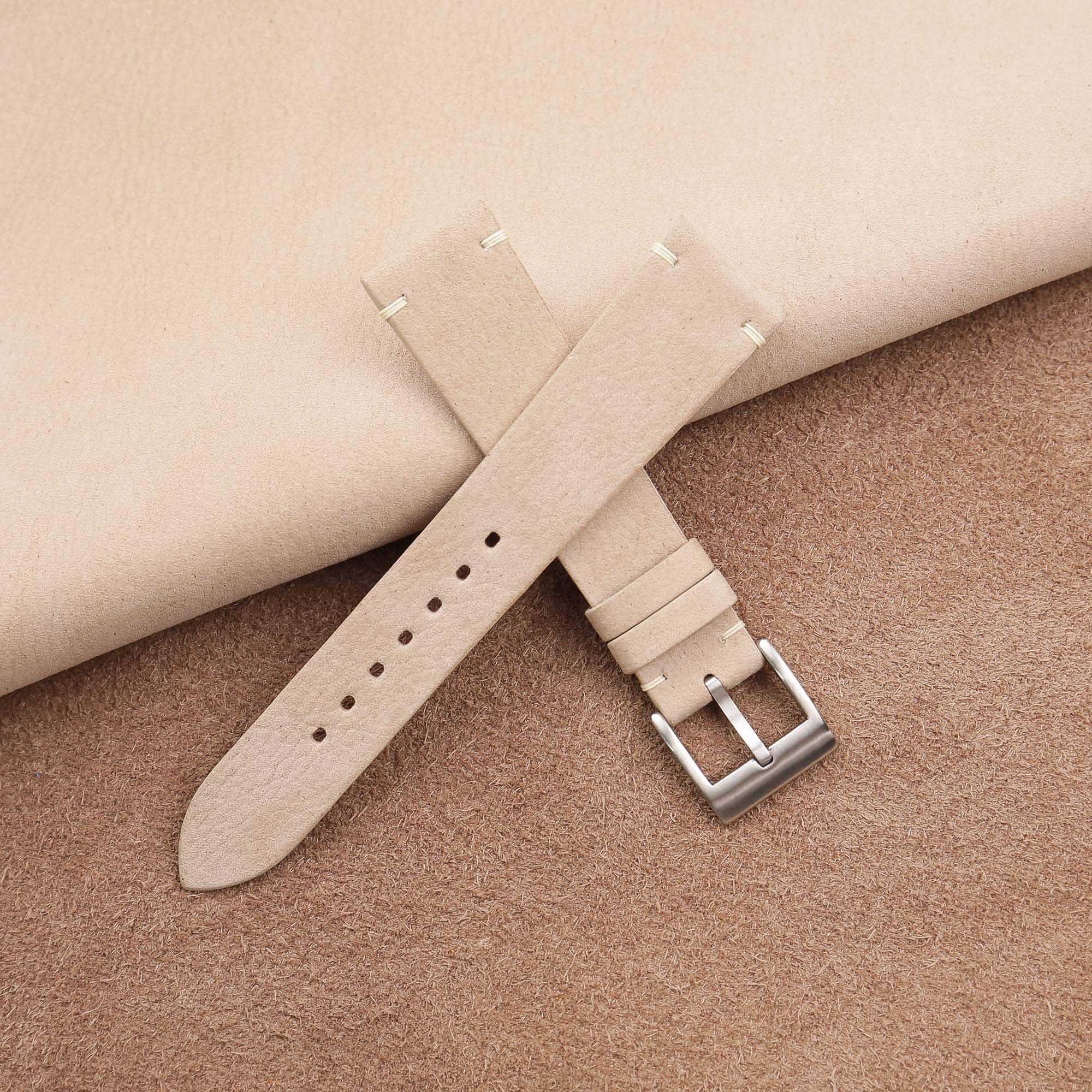 Vintage Light Cream Nubuck Leather Side-Stitch Watch Strap