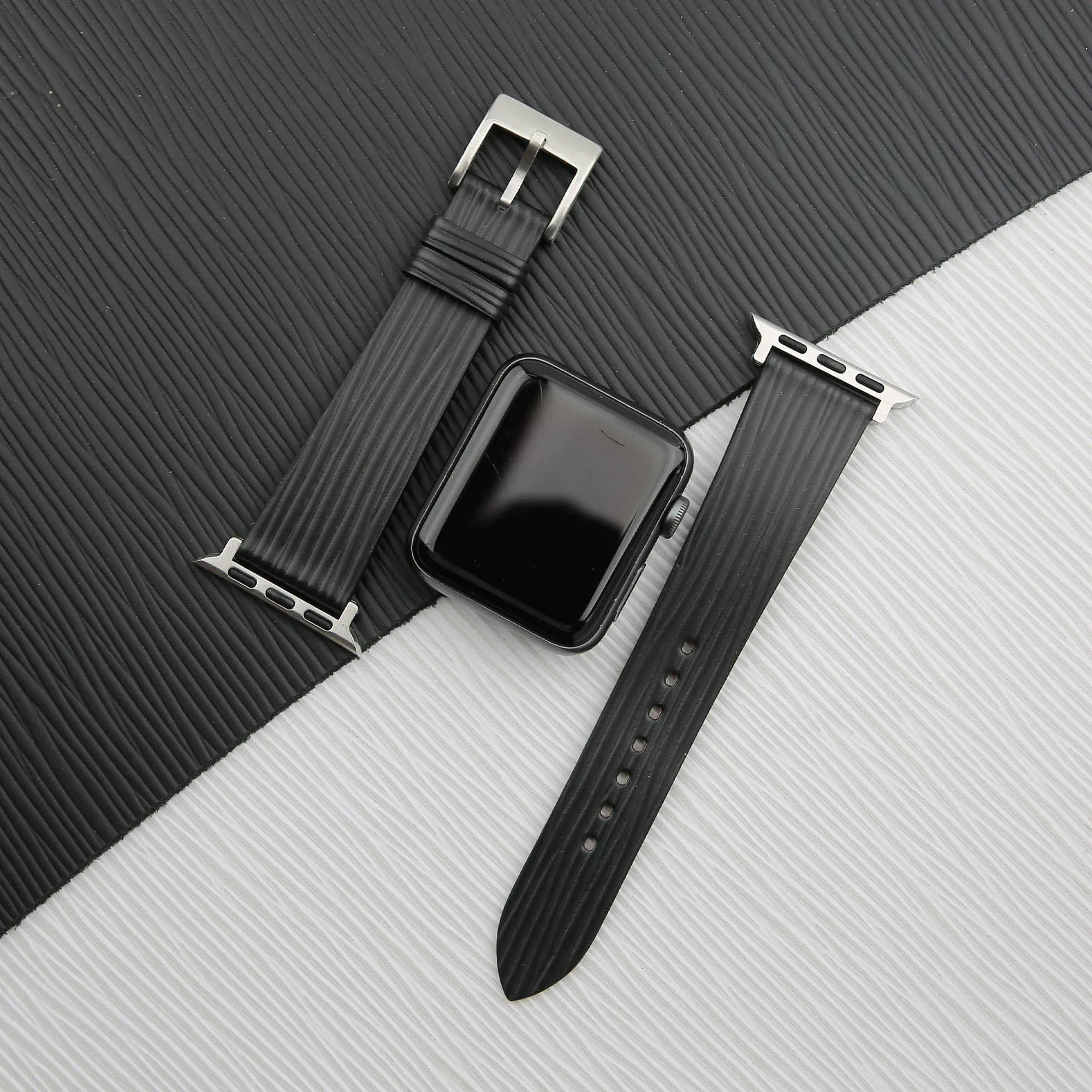 Black Calfskin Apple watch band – Waves Texture
