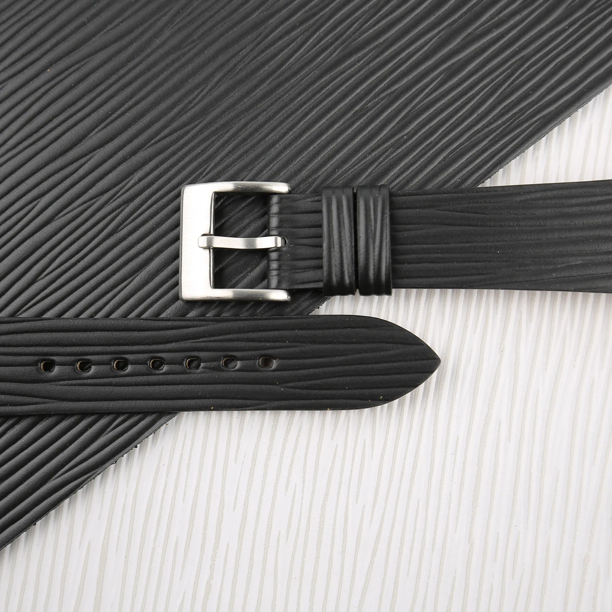 Black Calfskin Watch Strap - Waves Texture