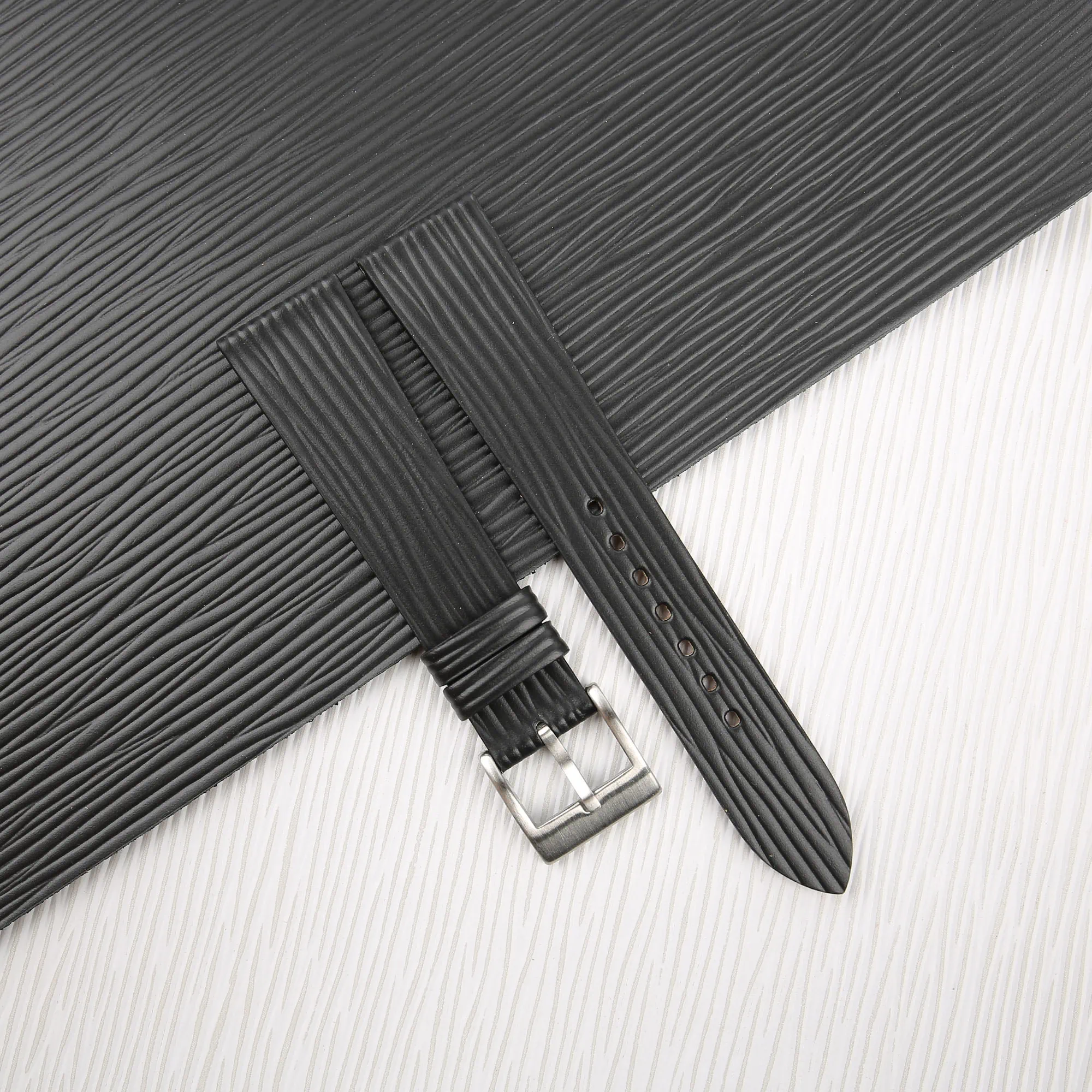 Black Calfskin Watch Strap - Waves Texture