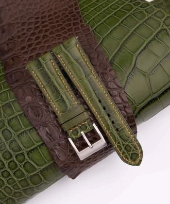 Padded Green Alligator Leather Lining Dark Brown Round Scales Watch Strap 1