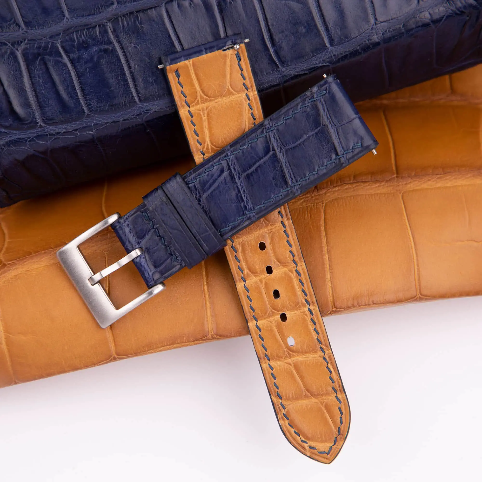 Dark Blue Alligator Leather Lining Light Brown Alligator Watch Strap - Image 4